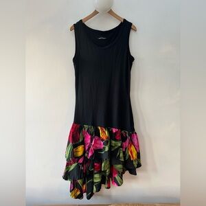 Comme des Garcons Tricot Black drop waist Dress with Pink Floral High Low Hem